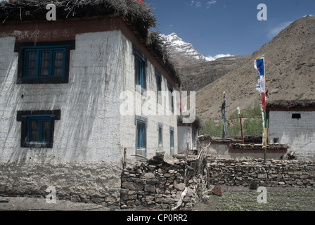 Weiß getünchte Häuser im tibetischen Stil im Spiti-Tal, indischen Himalaya Stockfoto