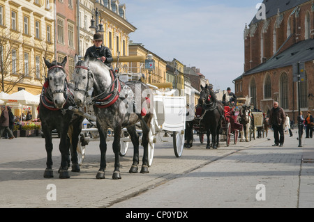 Kutschen warten auf Touristen im Altstädter Ring, Krakau, Polen Stockfoto