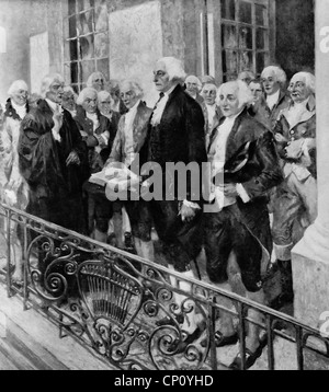 George Washington Vereidigung, 1. Präsident der Vereinigten Staaten auf dem Balkon der Federal Hall in New York City, 4. März 1789 Stockfoto