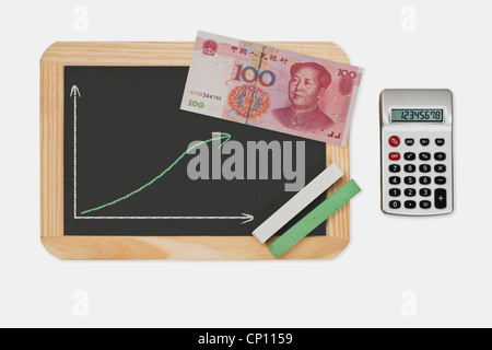 Tafel, ein Diagramm mit einer steigenden Kurve. An der Tafel liegt eine chinesische 100 Yuan-Banknote mit dem Porträt von Mao Zedong Stockfoto