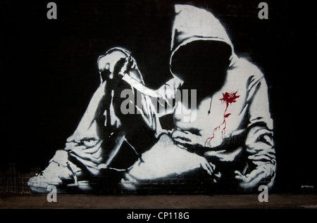 Hoodie mit Messer, Original Stück von Banksy, Cans Festival, Waterloo, London Stockfoto