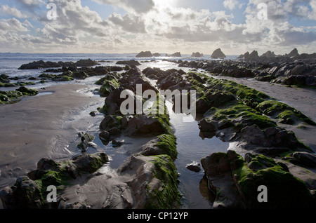 Crooklets Strand, mit Blick über die Felsen und das Meer bei Sonnenuntergang, Cornwall Stockfoto