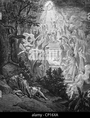 Religion, biblische Szenen, "Jacob's Dream', Holzstich zur Bibel von Gustave Doré, 1866, Artist's Urheberrecht nicht gelöscht werden Stockfoto