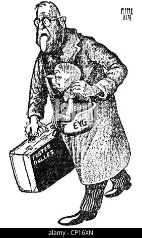 Dulles, John Foster, 25.2.1888 - 24.5.1959, US-amerikanischer Politiker, Außenminister, Außenminister, Staatssekretär (USA) 1953 - 1959, Karikatur von Mitelberg, von 'L' Humanite', Februar 1954, Stockfoto