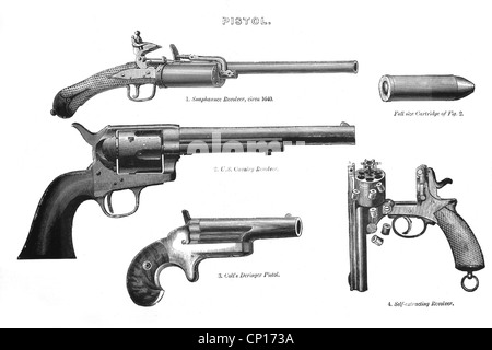 Waffe, Revolver, Sprengstoff Revolver von Drafte 1650, Colt Army 1873, Kaliber 45, Colt Derringer, Smith & Wesson Selbstlader 1869, Holzstich, Ende des 19. Jahrhunderts, Radpistole, Radpistolen, Munition, Munition, Pistole, Pistolen, Revolver, Revolver, Clipping, Cut-out, Cut-outs, Schuss, Streu Projektil, Feuer, Geschosse, Projektile, Feuer Schusswaffen, Feuerwaffen, Waffen, Waffen, Kampfmittel, historisch, historisch, zusätzliche-Rechte-Clearenzen-nicht verfügbar Stockfoto