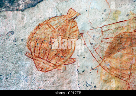 Aborigine-Felskunst Darstellung ein Fisch, Ubirr, Kakadu-Nationalpark, Northern Territory, Australien Stockfoto