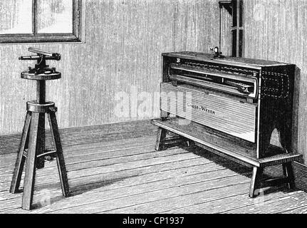 Gauß, Karl Friedrich, 1770-1855, deutscher Wissenschaftler (Mathematikhistoriker), sein elektromagnetischer Telegraf, entwickelt mit Wilhelm Weber, Holzgravur, 19. Jahrhundert, Stockfoto