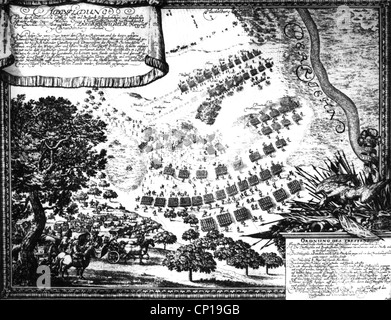 Veranstaltungen, Scanian war, 1674 - 1679, Schlacht bei Fehrbellin zwischen Schweden und Brandenburg, 28.6.1675, Schlachtplan, zeitgenössischer Kupferstich, Zusatzrechte-Freienzen-nicht vorhanden Stockfoto