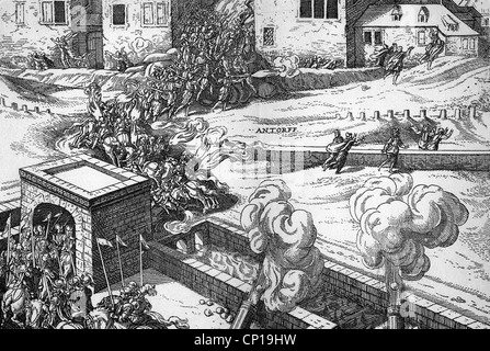 Ereignisse, Achtzigjähriger Krieg, 1568 - 1648, Spanische Soldaten Sack Antwerpen, 4.11.1576, Spanische Soldaten während des Überfalls auf die Stadt, zeitgenössischer Kupferstich von Franz Hogenberg (1535 - 1590), Detail, Additional-Rights-Clearences-not available Stockfoto