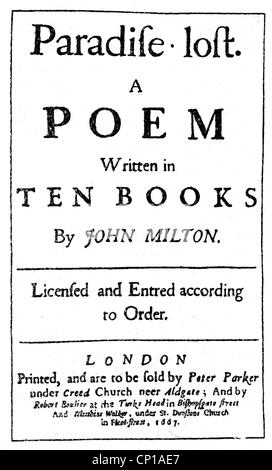 Milton, John, 9.12.1608 - 8.11.1674, britischer Autor/Schriftsteller (Dichter), "Paradise Lost", erste Ausgabe, gedruckt von Peter Parker, London, 1667, Stockfoto