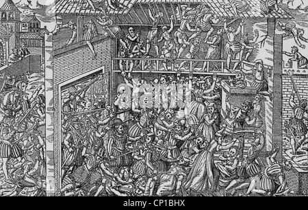 Ereignisse, Französisch Religionskriege 1562 - 1598, erster Krieg, Massaker von Wassy, 1.3.1562, katholiken führen von Henry von Guise Massaker hugenotten, Kupferstich von Tortorelt und Perressin, 1570, Frankreich, protestanten, Religion, christentum, religiöse Verfolgung, Herzog von Guise, Soldaten, Kirche, Mord, Bürgerkrieg, Vassy, 16. Jahrhundert, historisch, historisch, Menschen, Zusätzliche-Rechte-Clearences-Nicht Verfügbar Stockfoto