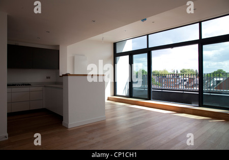 Große leere Küche und Wohnbereich, Penthouse in modernen Wohnungen, Hampton Wick. Türen öffnen sich teilweise. Stockfoto