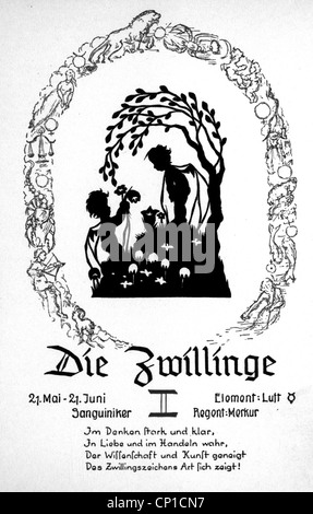 Astrologie, Tierkreis, Sternzeichen: Zwillinge, Rahmendekoration, 1940er Jahre, Additional-Rights-Clearences-not available Stockfoto