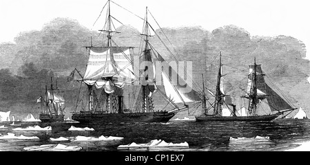 Transport / Transport, Navigation, Kriegsschiff, britisches Kriegsschiff HMS 'Desperate' mit den Schiffen 'Phoenix' und 'Diligence', Cape Farewell, Quest for Sir John Franklin, Holzstich, Juli 1853, Zusatzrechte-Clearences-nicht vorhanden Stockfoto