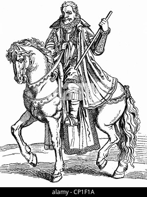 William I "The Silent", Prinz von Orange, 25.4.1533 - 10.7.1584, Stadtholder von Holland und Zeeland 1572 - 1584, volle Länge, Reiten, nach zeitgemäßem Bild, Stockfoto