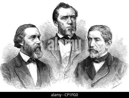 Politik, Deutschland, parlament, Reichstag, Abgeordnete der Zentrumspartei (v.l.): Rudolf Probst, Peter Reichensperger, Hermann von Mallinckrodt, Holzstich von Adolf Neumann, 1871, Zusatzrechte-Freiräumungen-nicht vorhanden Stockfoto