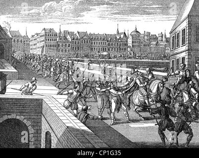 Henri IV, 13.12.1553 - 14.5.1610, König von Frankreich 27.2.1594 - 14.5.1610, Mordversuch, 1605, zeitgenössischer Kupferstich,, Artist's Urheberrecht nicht gelöscht werden Stockfoto