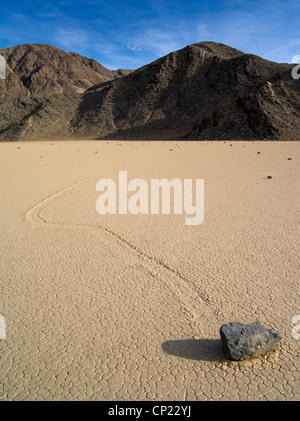 Einen gleitenden Felsen und es ist Track auf der Playa der Rennstrecke Valley, Death Valley Nationalpark, Kalifornien Stockfoto