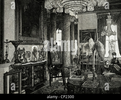 Königin Victoria abgebildet in der Drawing-Room von Osborne House Isle of Wight. Viktorianische Gravur vom 13. Juni 1887 Stockfoto