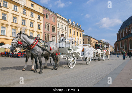 Pferdekutschen warten auf Touristen im Marktplatz, Krakau, Polen. Stockfoto