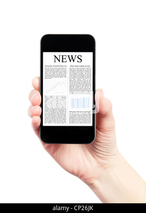 Hand, die mobile Smartphone mit News-Artikel auf dem Bildschirm. Isoliert auf weiss. Stockfoto