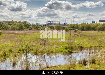 Die Autobahn M6 überquert die Thelwalls Viadukte. Stockfoto