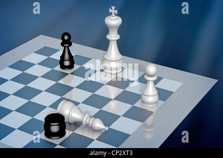 Der König zwei Bauern und eine gebrochene Bischof, braunen und weißen Holz Schachspiel Stücke und einem Marmorbad in 3 d durch Computer Stockfoto