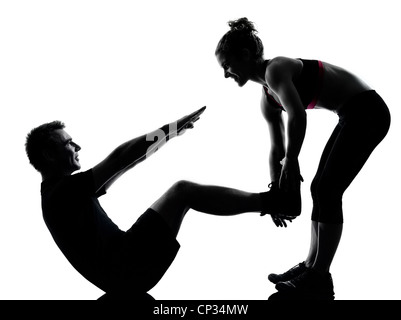 ein paar Mann Frau trainieren Training der aeroben Fitness Haltung voller Länge Silhouette Studio isoliert auf weißem Hintergrund Stockfoto