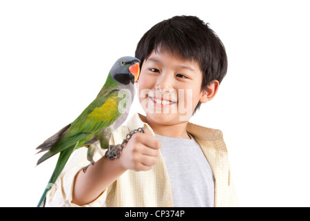 Kleiner Junge spielt mit einem Papagei Stockfoto