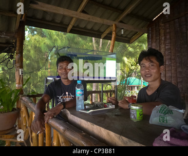 Koh Samui, Barkeeper ein Gästehaus in den Hügeln von Samui Island. Stockfoto