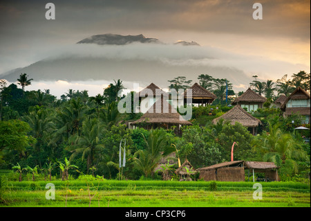 Einen schönen Sonnenaufgang über den Reisfeldern in Sidemen Tal von Bali, Indonesien. Mt. Agung können im Hintergrund zu sehen. Stockfoto