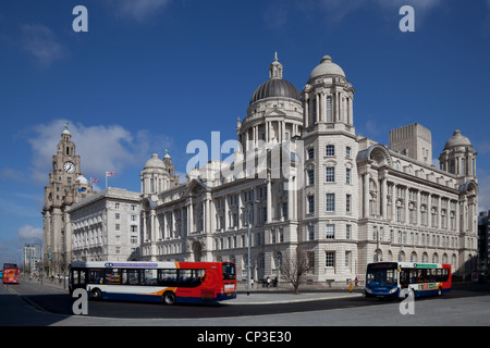 Die Cunard und Port of Liverpool Building, Waterfront   Liverpool Busse, die öffentlichen Verkehrsmittel der Stadt, Merseyside, UK Stockfoto