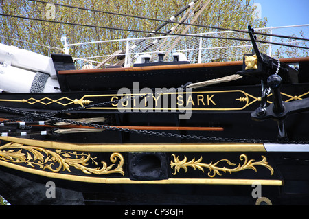 Die restaurierte "Cutty Sark" Clipper Schiffsbug, Greenwich, London Borough of Greenwich, Greater London, England, Vereinigtes Königreich Stockfoto