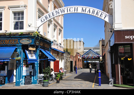 Ortseingangsschild, Greenwich Market, Durnford St, Greenwich, London Borough of Greenwich, Greater London, England, Vereinigtes Königreich Stockfoto