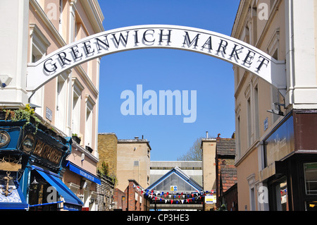 Ortseingangsschild, Greenwich Market, Durnford St, Greenwich, London Borough of Greenwich, Greater London, England, Vereinigtes Königreich Stockfoto