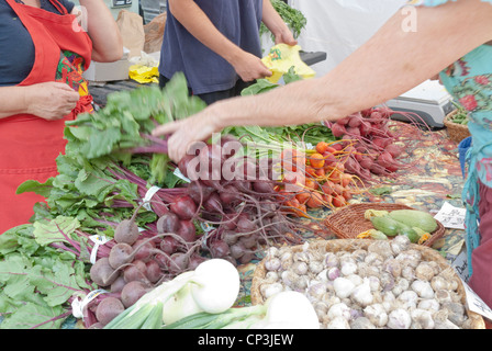 Rüben sind eine Spezialität von einem Anbieter auf dem Bauernmarkt in Santa Fe. Stockfoto