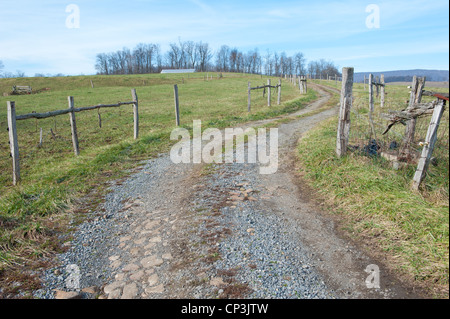 Gewundenen Schotterstraße führt zum Bauernhof. Stockfoto