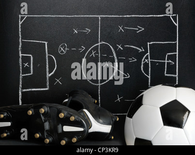 Fußball, Fußball-Strategie auf einer Kreidetafel mit Fußballplatz und Stiefel Stockfoto