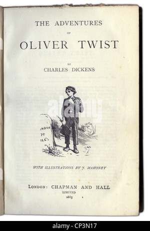 Bücher, Charles Dickens: 'The Adventures of Oliver Twist', (1838), Roman, Chapman and Hall, London, 1885, Titelseite, zusätzliche-Rights-Clearences-not available Stockfoto