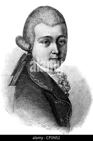 Mozart, Wolfgang Amadeus, 27.1.1756 - 5.12.1791, österreichischer Komponist, Portrait, als 13 Jahre alter Junge, Holzstich, 19. Jahrhundert Stockfoto