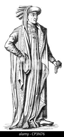 Philipp III. "Der Gute", 31.7.1396 - 15.6.1467, Herzog von Burgstall 1419 - 1467, volle Länge, Holzgravur, 19. Jahrhundert, nach einem Miniaturgemälde aus einer zeitgenössischen Handschrift, Stockfoto