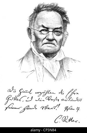 Ritter, Carl, 2.8.jörd - 28.9.1859, deutscher Geograph, Porträt, mit Unterschrift und Vers aus dem 19. Jahrhundert: "Der Himmel verkündet die Herrlichkeit Gottes, und der Himmel darüber verkündet sein Händewerk", Holzgravur, 19. Jahrhundert, Stockfoto