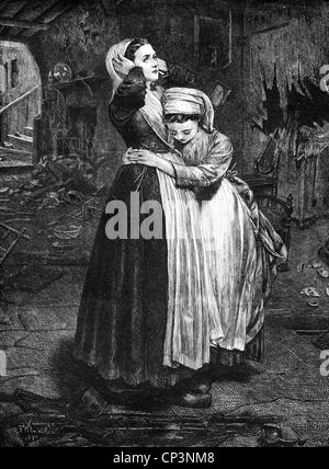 Ereignisse, Deutsch-Preußischer Krieg 1870 - 1871, Flüchtlinge, Rückkehr in das zerstörte Haus, Holzstich, 1870, Zivilisten, Bevölkerung, Frauen, Elend, Frankreich, 19. Jahrhundert, Franco - Preußen, historisch, historisch, Menschen, Zusatzrechte-Clearences-nicht vorhanden Stockfoto