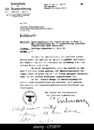 Nationalsozialismus / Nationalsozialismus, Judenverfolgung, Zentralstelle für jüdische Auswanderung, Wien, Brief an die Gestapo zur Auswanderung junger jüdischer Menschen nach Palästina, unterzeichnet von Adolf Eichmann, 5.4.1939, Zusatzrechte-Clearences-nicht vorhanden Stockfoto