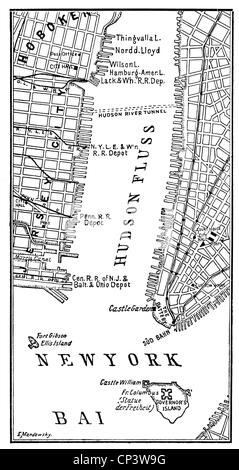 Geographie / Reisen, USA, Jersey City, New Jersey, Hafen am Hudson River, Karte, Zeichnung, 'die Woche', Nr. 27, 1900, Zusatzrechte-Abfertigung-nicht vorhanden Stockfoto