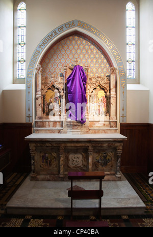 Irland, Norden, Belfast, Falls Road, Kloster Clonard Innenraum für Karfreitag dekoriert mit Statuen in lila Tuch gehüllt. Stockfoto