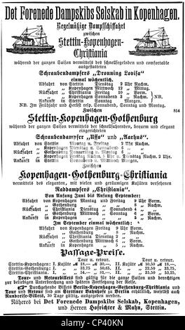 Werbung, Det Forende Dampfskibs Selskab, Dänische Dampfschiffgesellschaft, Kopenhagen, Werbung in einer deutschen Zeitung, 1894, Zusatzrechte-Clearences-nicht vorhanden Stockfoto