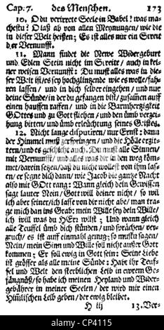 Boehme, Jakob, 1575 - 17.11.1624, deutscher Philosoph, Werke "Das dreifache Leben Des Menschen" (1620), Seite, Amsterdam, 1660, Stockfoto