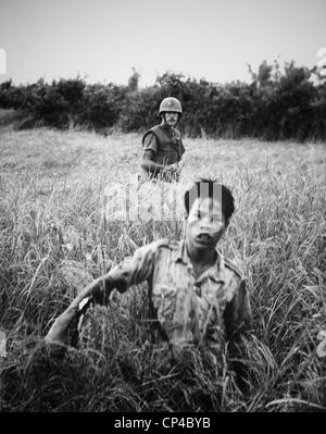 US-Marine mit Viet Cong POW. Eine Marine schützt ein Vietcong, während er durch hohe Gräser in der Sammelstelle in Richtung bewegt ein Stockfoto