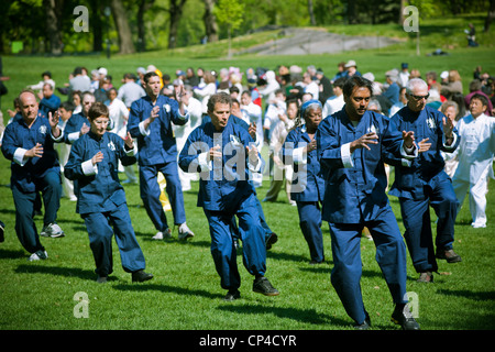 Teilnehmer durchführen ihre Tai Chi Übungen, während der Welt Tai Chi Tage im Central Park East Meadow, New York Stockfoto